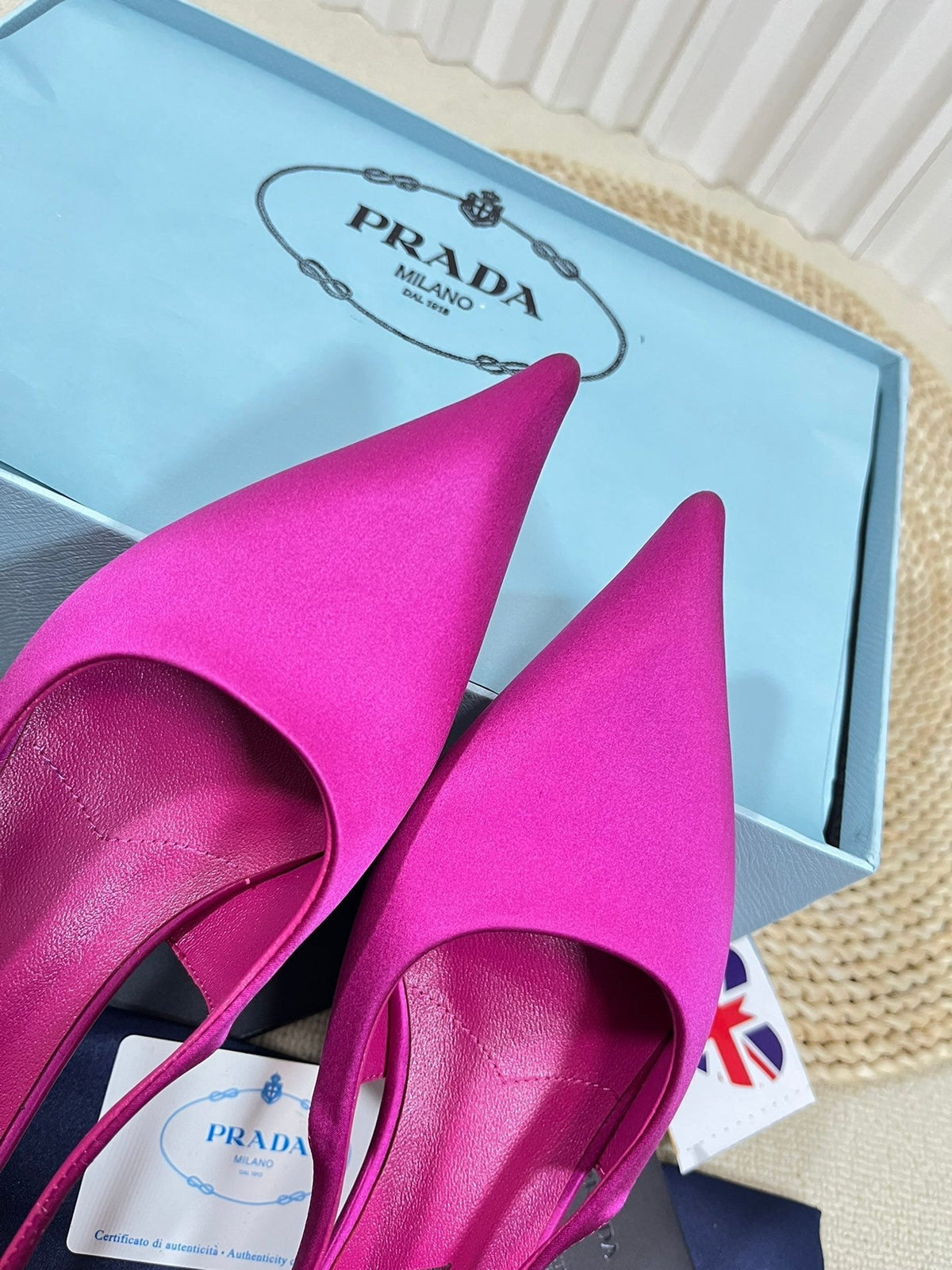 PRADA POINTED TOE SLINGBACK PUMPS BRIGHT PINK SATIN