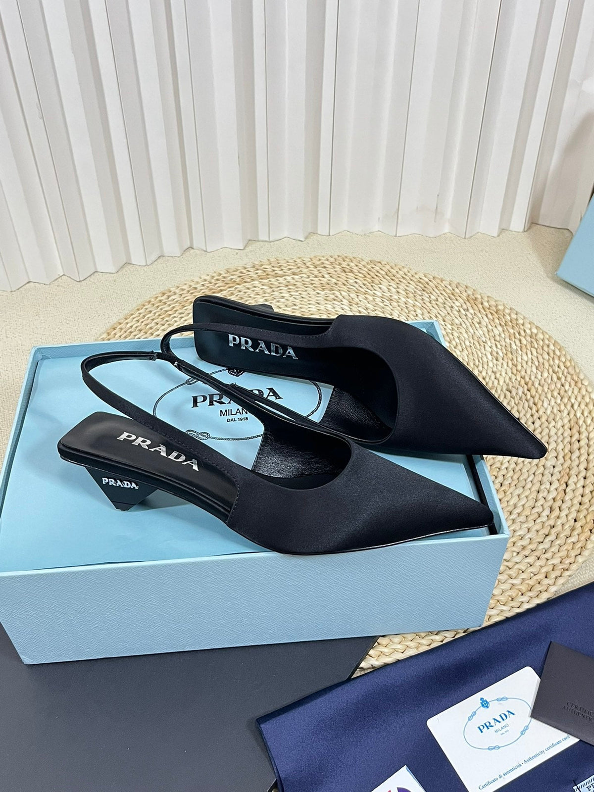PRADA POINTED TOE SLINGBACK PUMPS BLACK SATIN