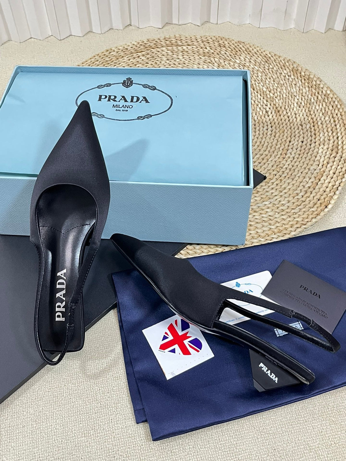 PRADA POINTED TOE SLINGBACK PUMPS BLACK SATIN