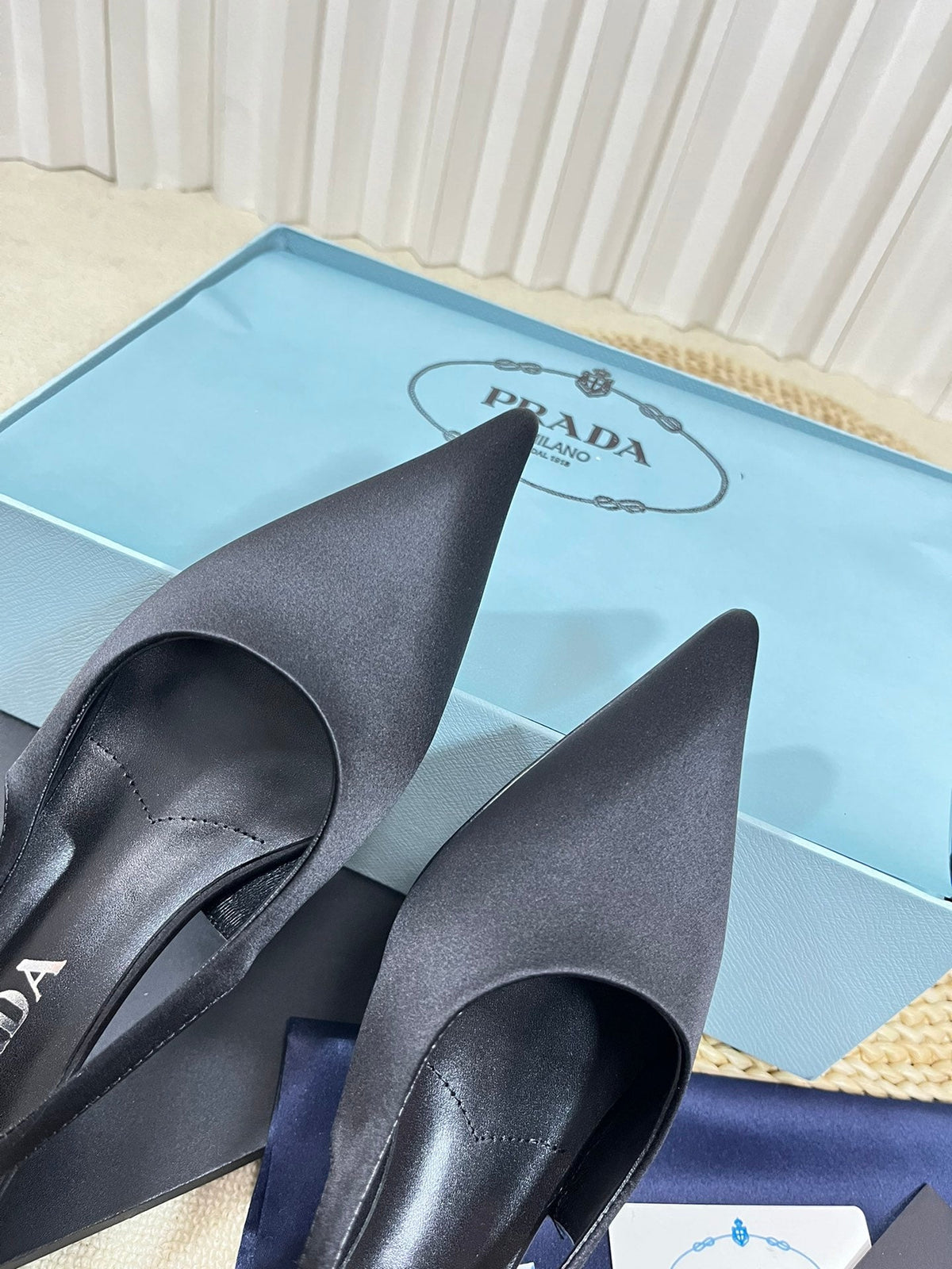 PRADA POINTED TOE SLINGBACK PUMPS BLACK SATIN