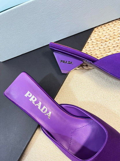 PRADA SQUARE TOE MULES VIOLET SATIN