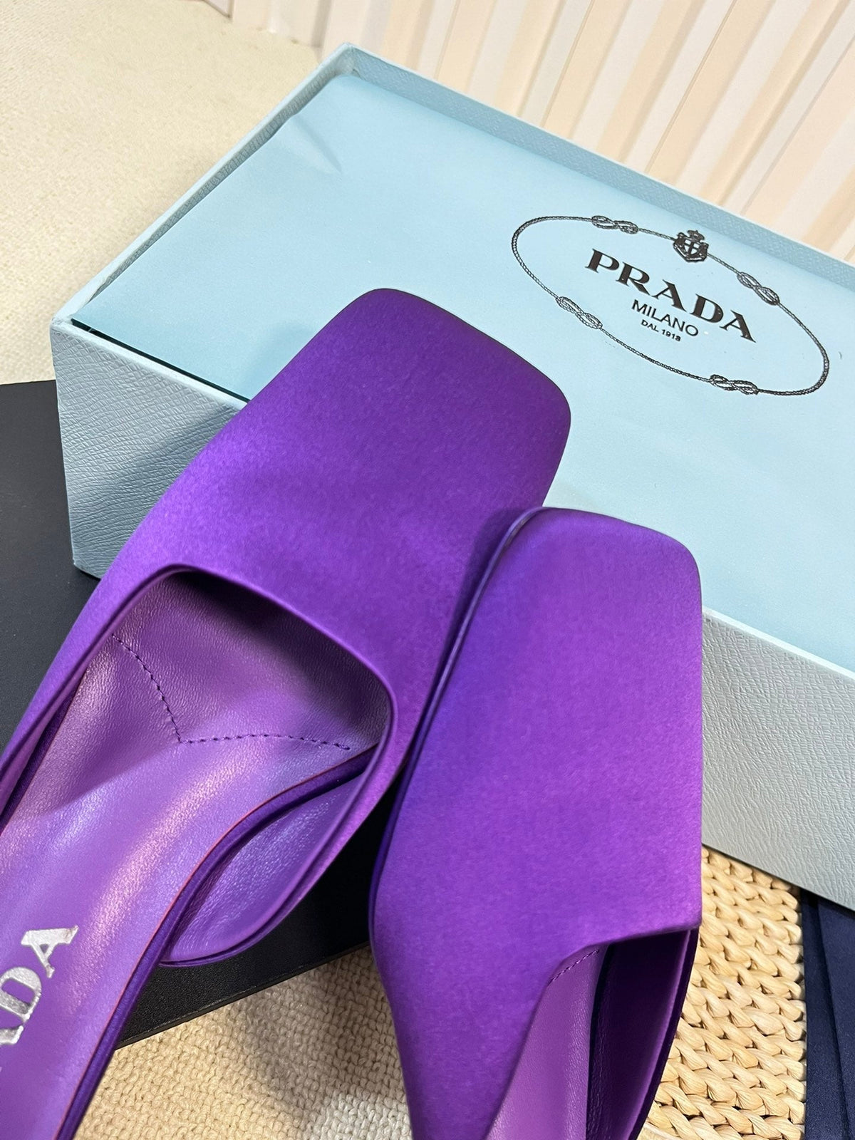 PRADA SQUARE TOE MULES VIOLET SATIN