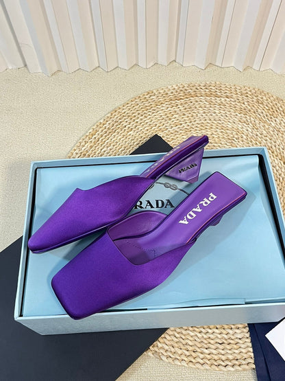 PRADA SQUARE TOE MULES VIOLET SATIN