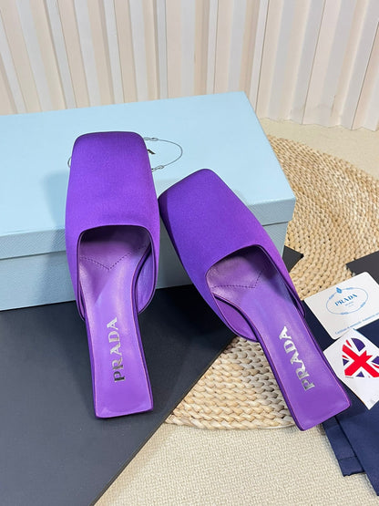 PRADA SQUARE TOE MULES VIOLET SATIN