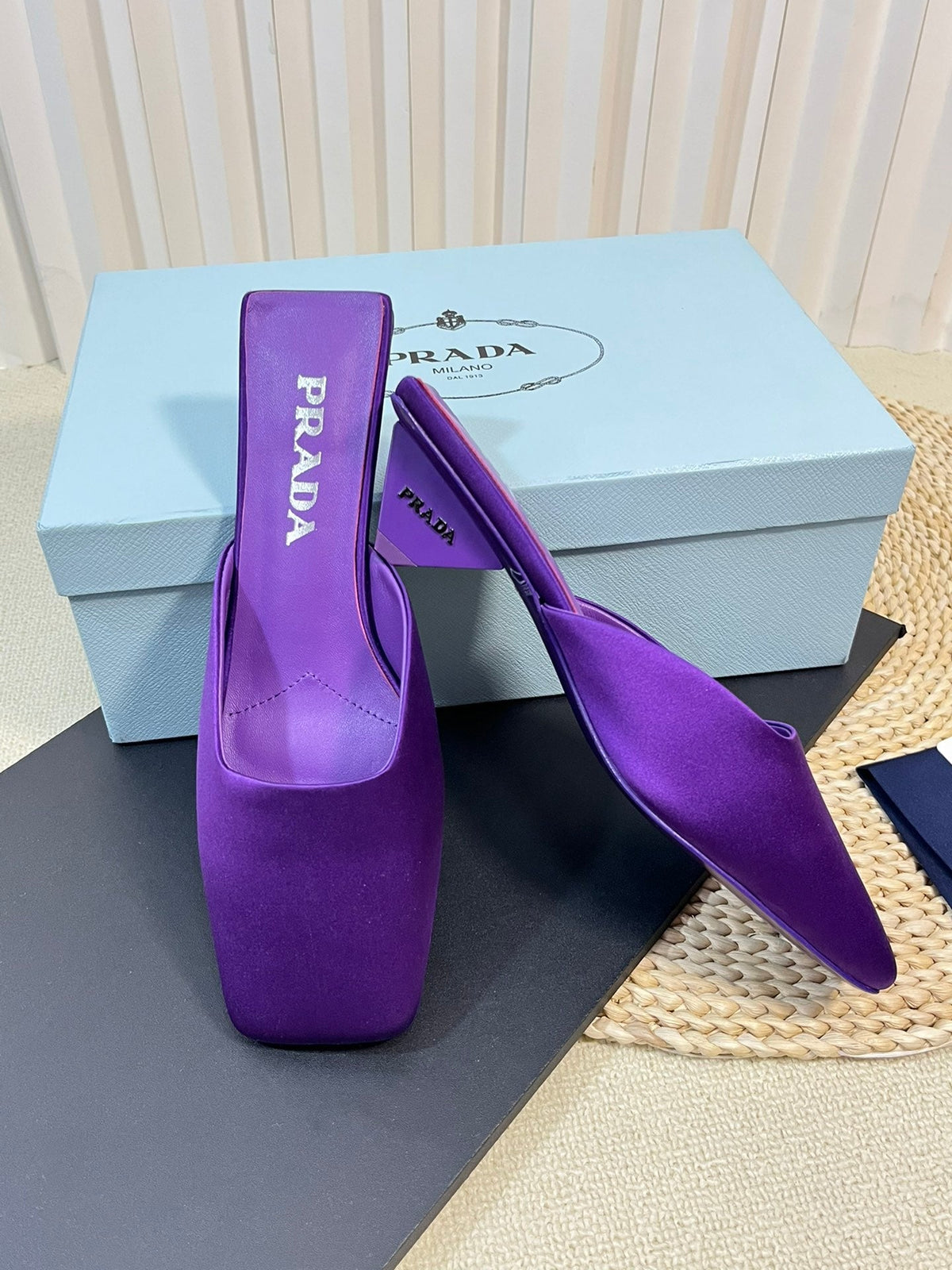 PRADA SQUARE TOE MULES VIOLET SATIN