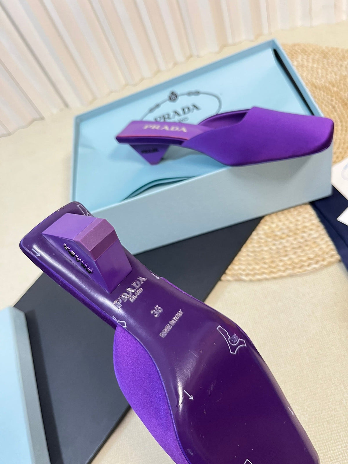 PRADA SQUARE TOE MULES VIOLET SATIN
