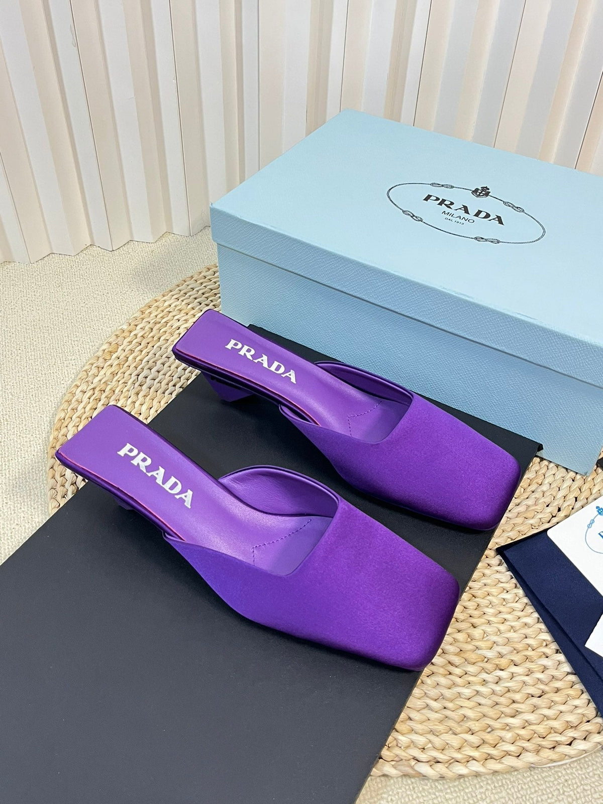PRADA SQUARE TOE MULES VIOLET SATIN