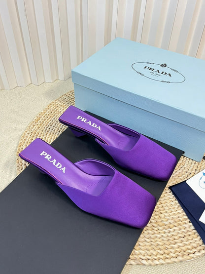PRADA SQUARE TOE MULES VIOLET SATIN