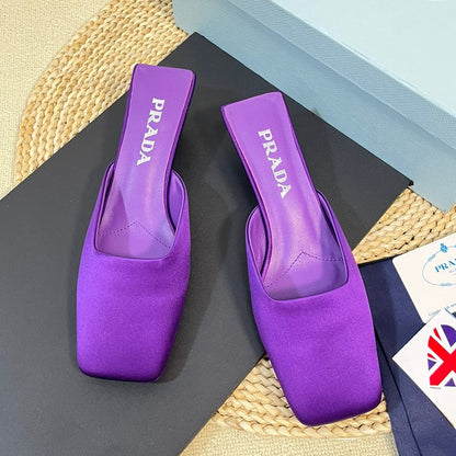 PRADA SQUARE TOE MULES VIOLET SATIN