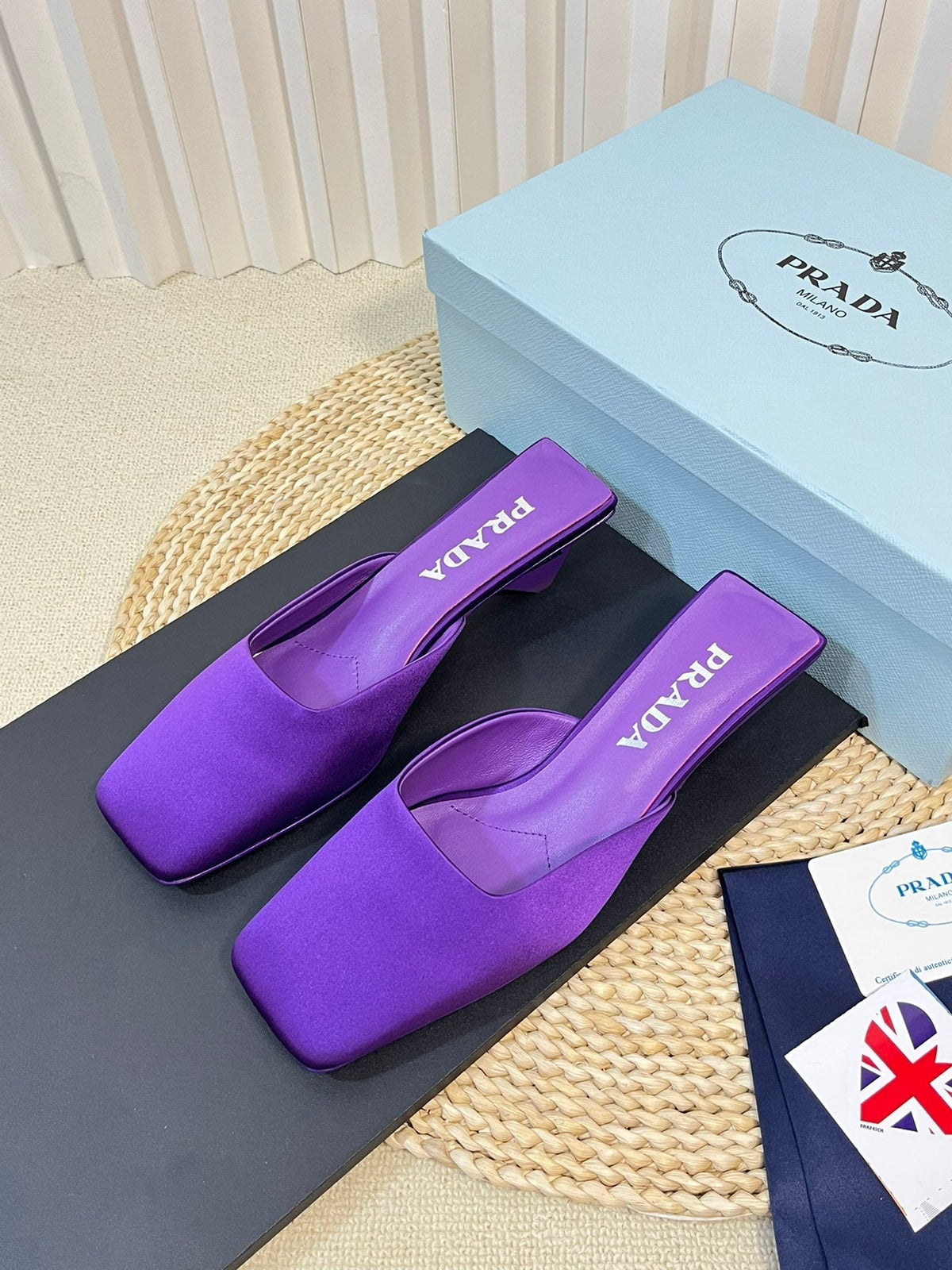 PRADA SQUARE TOE MULES VIOLET SATIN