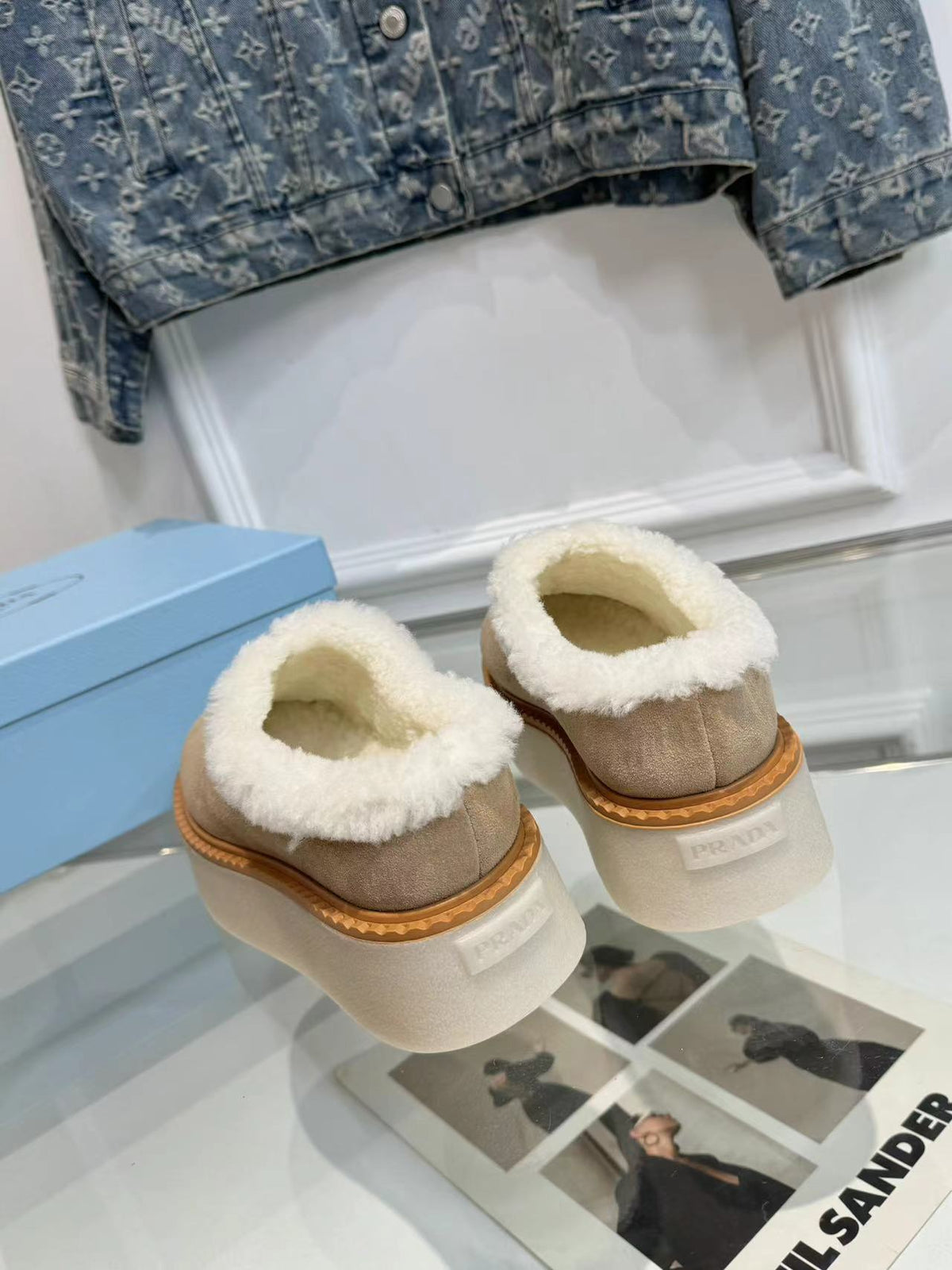 PRADA TRIANGLE LOGO MULES IN BEIGE SUEDE AND SHEARLING LINING