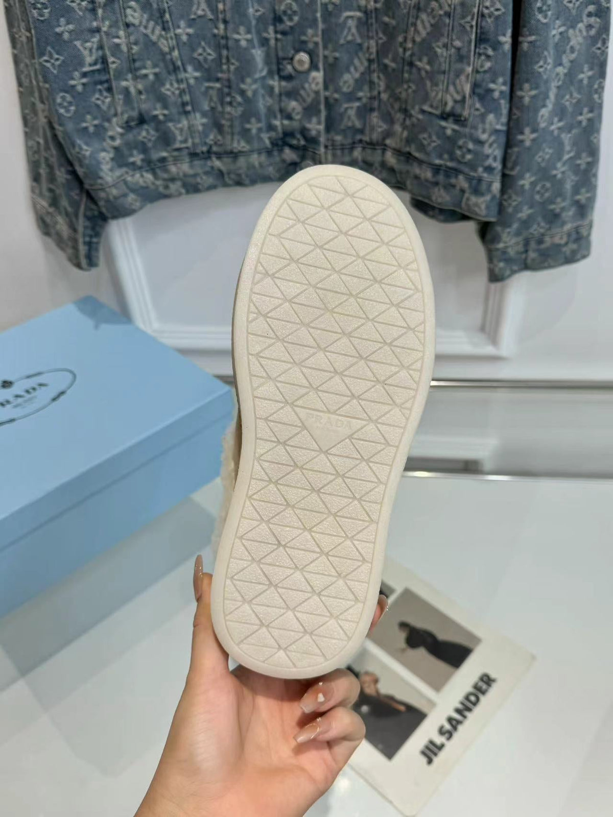 PRADA TRIANGLE LOGO MULES IN BEIGE SUEDE AND SHEARLING LINING