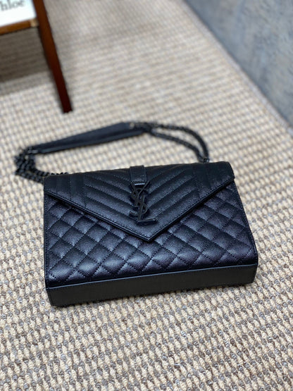 SAINT LAURENT ENVELOPE CHAIN BAG 24 IN BLACK CALFSKIN
