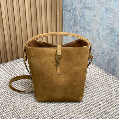 SAINT LAURENT LE 37 SMALL BUCKET BAG 25 IN BROWN SUEDE GOLD HARDWARE