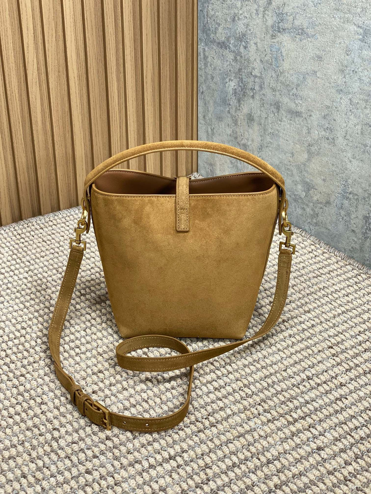 SAINT LAURENT LE 37 SMALL BUCKET BAG 20 IN BROWN SUEDE GOLD HARDWARE