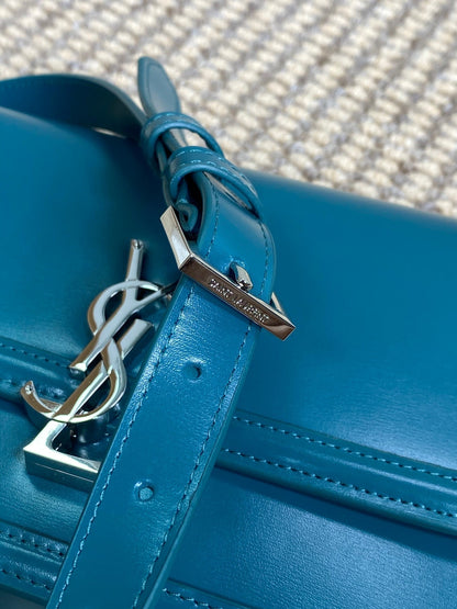 SAINT LAURENT SOLFERINO SMALL SATCHEL 23 IN CERULEAN BLUE CALFSKIN GOLD HARDWARE