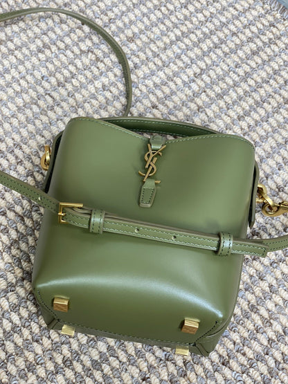SAINT LAURENT LE 37 MINI BUCKET BAG 15 IN AVOCADO GREEN CALFSKIN GOLD HARDWARE