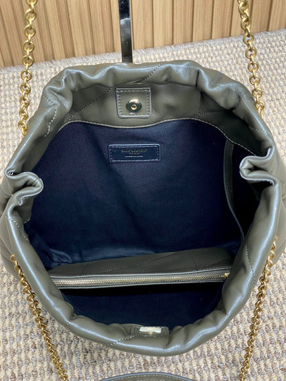 SAINT LAURENT DRAWSTRING CHAIN STRAP SHOULDER BAG 39 IN DARK GREEN QUILTED CALFSKIN