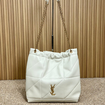 SAINT LAURENT DRAWSTRING CHAIN STRAP SHOULDER BAG 39 IN WHITE QUILTED CALFSKIN