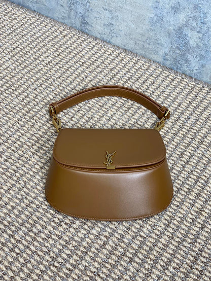 SAINT LAURENT VOLTAIRE TOP HANDLE IN BOX 21 IN TAWNY BROWN CALFSKIN GOLD HARDWARE