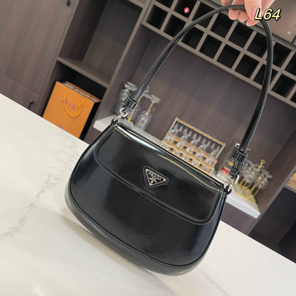 PRADA 25 CLEO FLAP SHOULDER BAG IN BLACK BRUSHED LEATHER