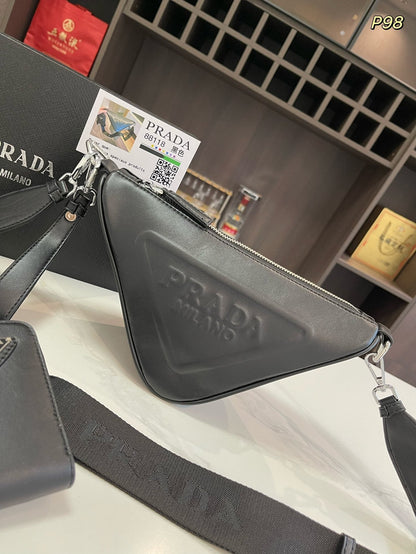 PRADA TRIANGLE 27 SHOULDER BAG IN BLACK CALFSKIN WITH STRAP
