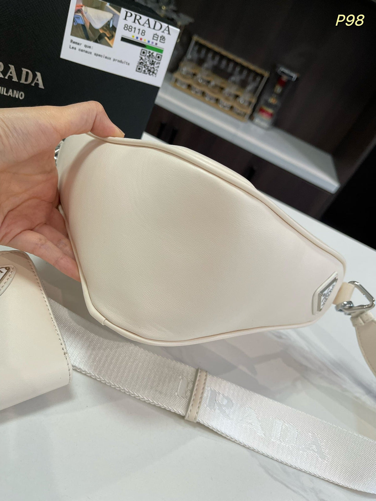 PRADA TRIANGLE 27 SHOULDER BAG IN WHITE CALFSKIN WITH STRAP