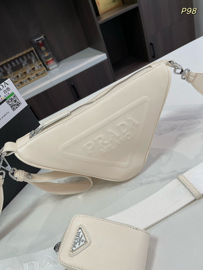 PRADA TRIANGLE 27 SHOULDER BAG IN WHITE CALFSKIN WITH STRAP