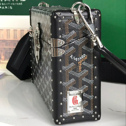 GOYARD CASSETTE TRUNK BAG 21 IN BLACK GOYARDINE CANVAS & CLAMECY COWHIDE