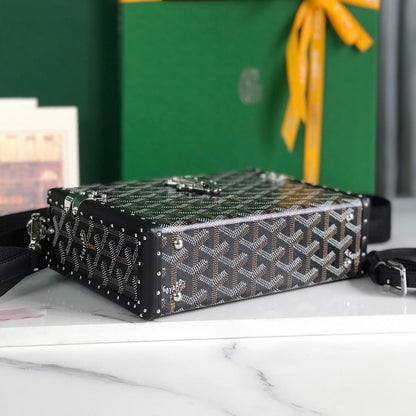 GOYARD CASSETTE TRUNK BAG 21 IN BLACK GOYARDINE CANVAS & CLAMECY COWHIDE