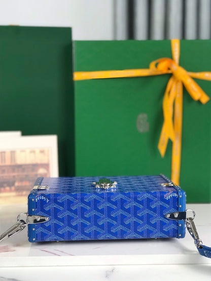 GOYARD CASSETTE TRUNK BAG 21 IN BLUE GOYARDINE CANVAS & CLAMECY COWHIDE