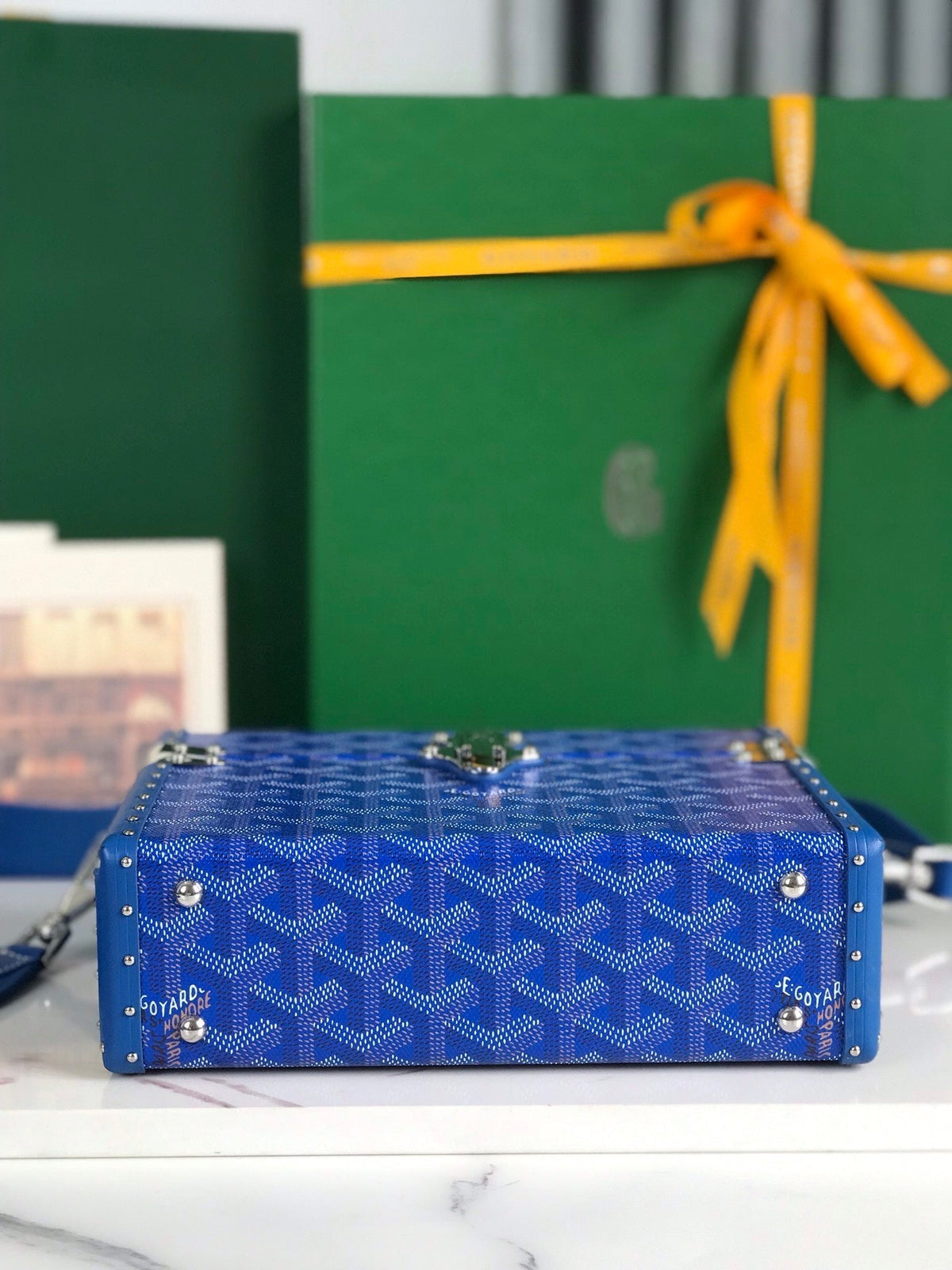 GOYARD CASSETTE TRUNK BAG 21 IN BLUE GOYARDINE CANVAS & CLAMECY COWHIDE