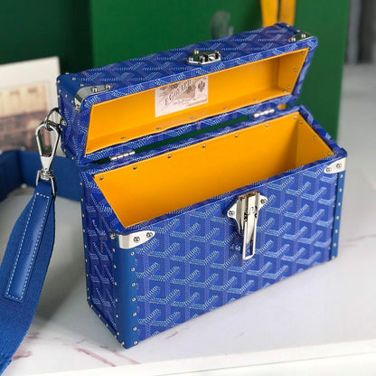 GOYARD CASSETTE TRUNK BAG 21 IN BLUE GOYARDINE CANVAS & CLAMECY COWHIDE
