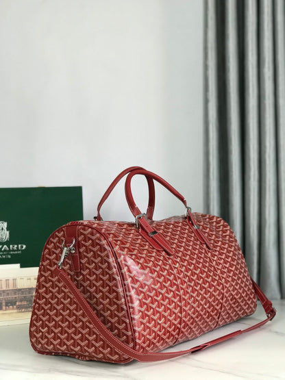 GOYARD BOSTON 50 BAG IN RED GOYARDINE CANVAS AND CALFSKIN TRIM