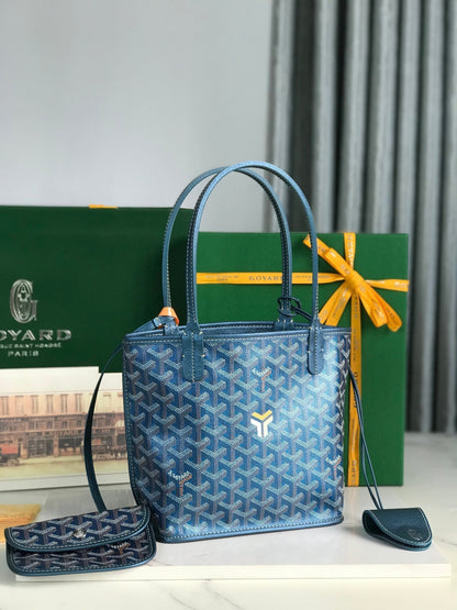 GOYARD ANJOU MINI BAG 20 IN NAVY BLUE  CALFSKIN AND GOYARDINE CANVAS