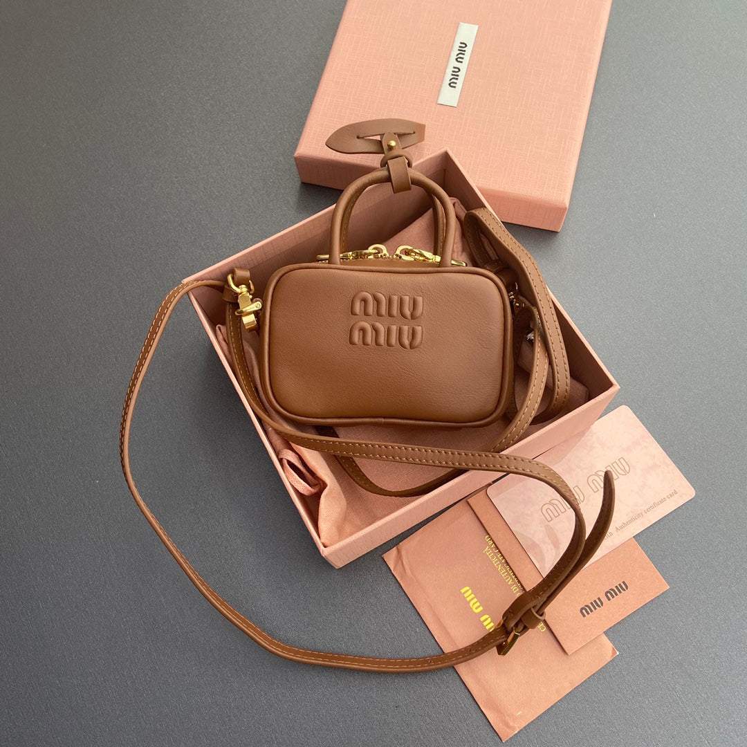MIU MIU MICRO BAG KEYCHAIN 11 IN CAPE PALLISER BROWN CALFSKIN EMBOSSED LOGO
