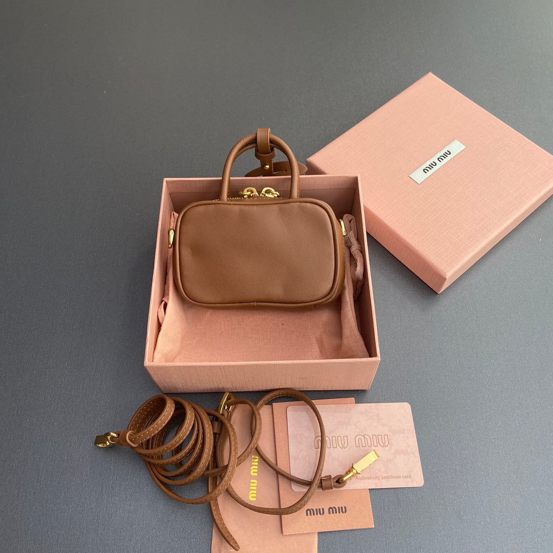 MIU MIU MICRO BAG KEYCHAIN 11 IN CAPE PALLISER BROWN CALFSKIN EMBOSSED LOGO