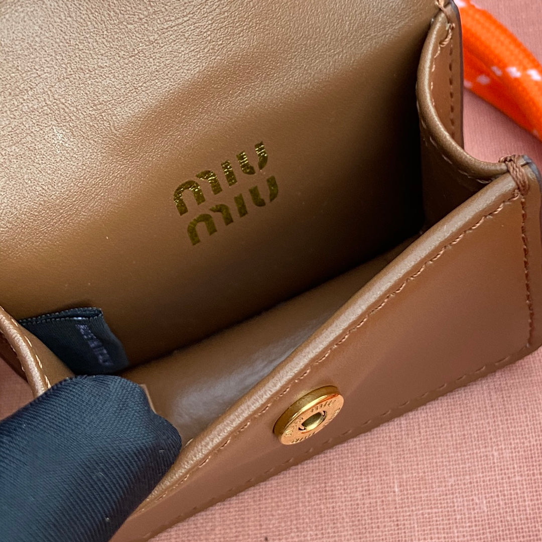 MIU MIU MICRO BAG 7 IN TAWNY BROWN SMOOTH LAMBSKIN GREEN STRAP