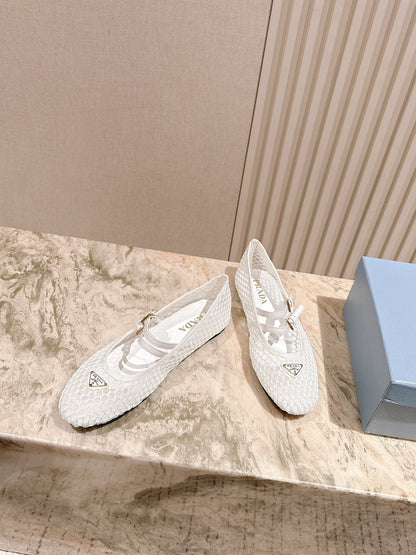 PRADA 25S BALLERINAS BALLET FLATS IN WHITE MESH FABRIC