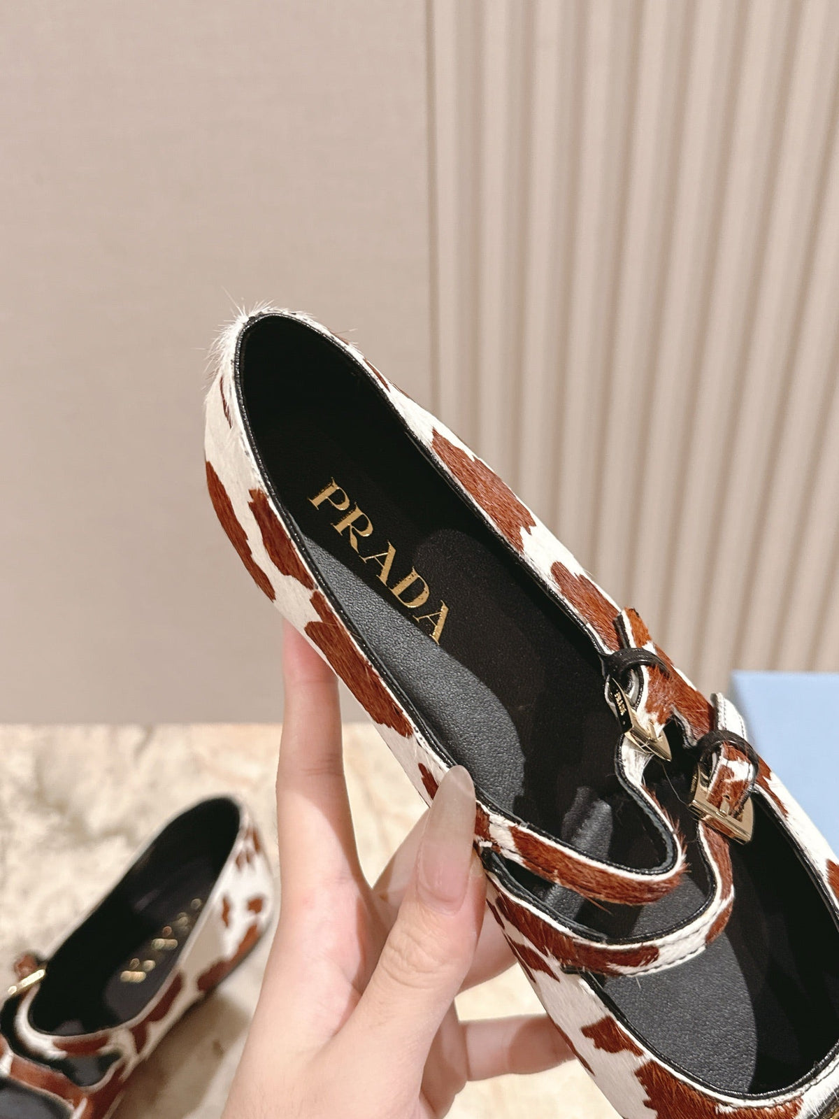 PRADA 25S CRYSTAL EMBELLISHED BALLERINA IN WHITE AND RK BROWN FUR