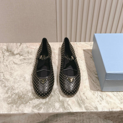 PRADA 25S STUD EMBELLISHED BALLERINA IN BLACK CALFSKIN