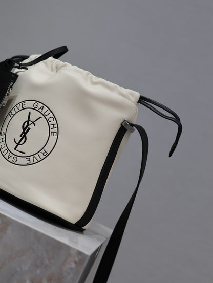 SAINT LAURENT RIVE GAUCHE BUCKET BAG 23 IN WHITE CALFSKIN