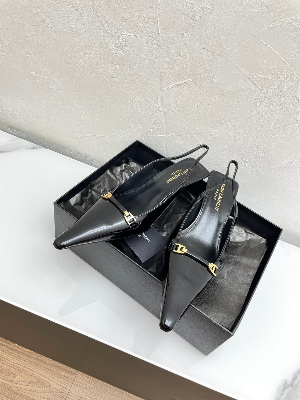 CARINE SLINGBACK PUMPS 45 IN PATENT BLACK LEATHER