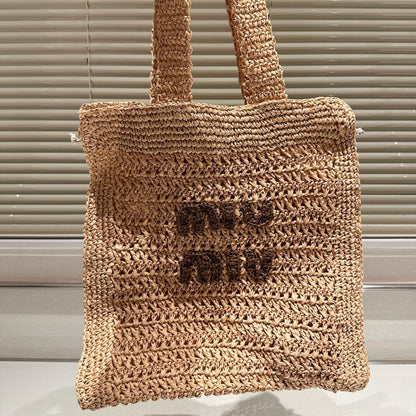 MIU MIU TOTE 38 BAG IN BEIGE BROWN STRAW WOVEN