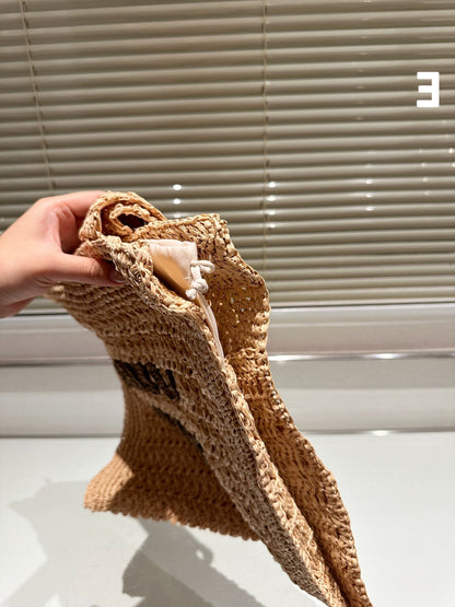 MIU MIU TOTE 38 BAG IN BEIGE BROWN STRAW WOVEN