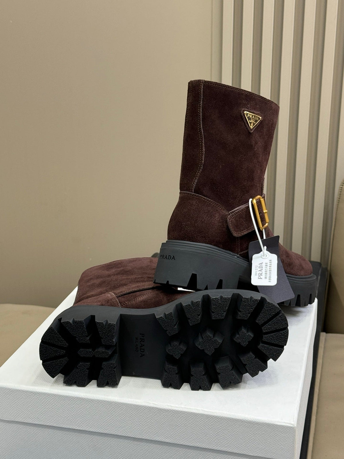 PRADA 25S PLATFORM ANKLE BOOTS IN RK BROWN SUEDE WITH GOLD HARDWARE
