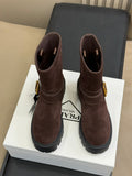 PRADA 25S PLATFORM ANKLE BOOTS IN RK BROWN SUEDE WITH GOLD HARDWARE