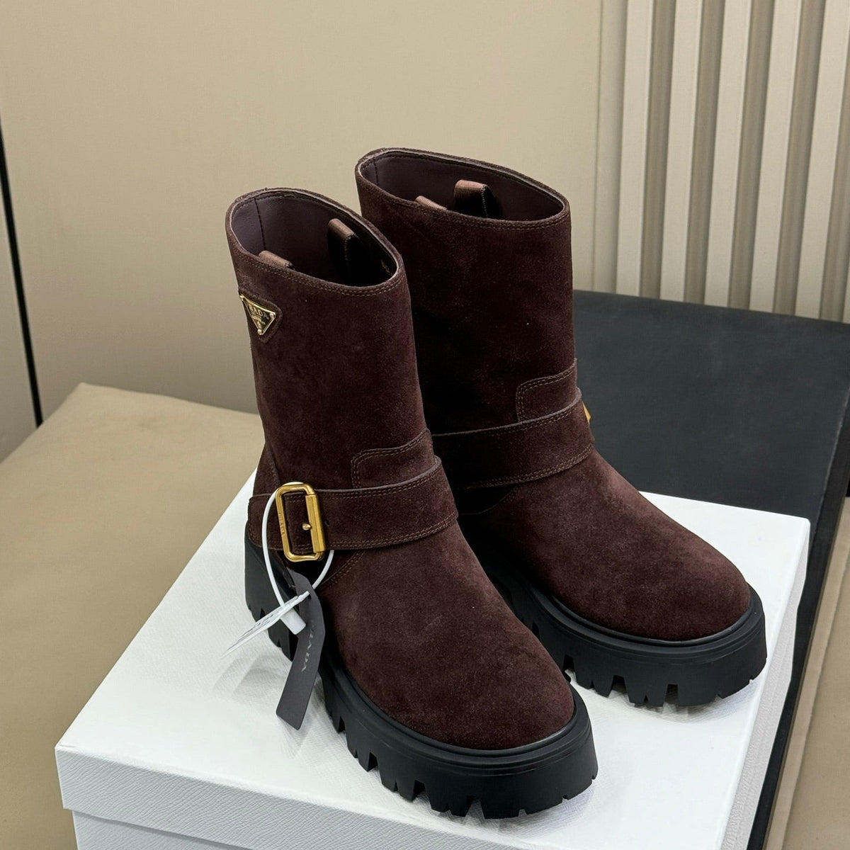 PRADA 25S PLATFORM ANKLE BOOTS IN RK BROWN SUEDE WITH GOLD HARDWARE