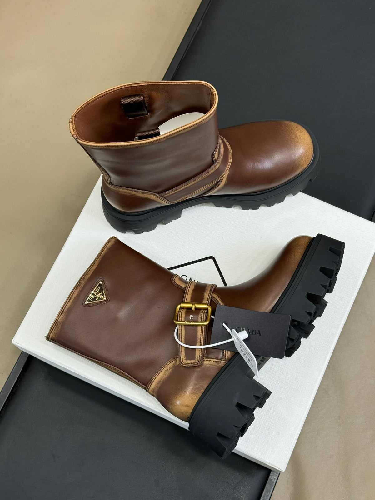 PRADA 25S PLATFORM ANKLE BOOTS IN RK BROWN CALFSKIN WITH GOLD HARDWARE