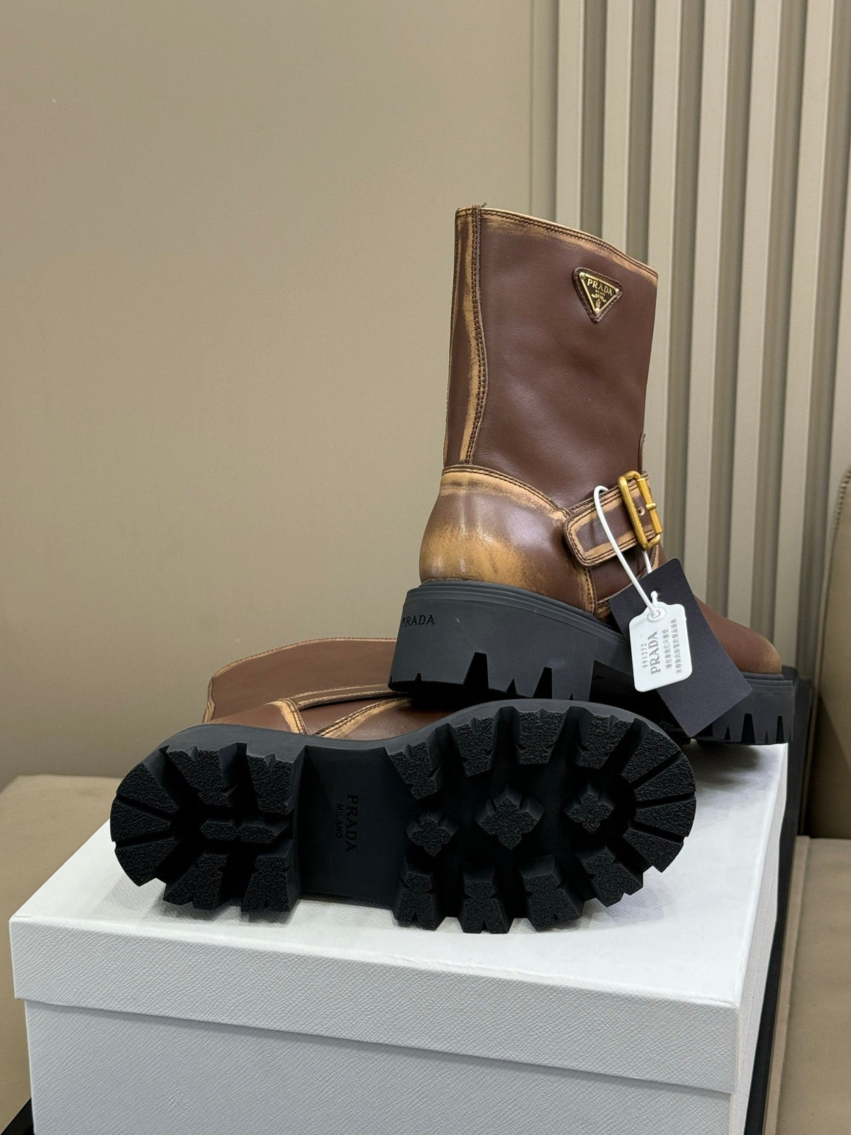 PRADA 25S PLATFORM ANKLE BOOTS IN RK BROWN CALFSKIN WITH GOLD HARDWARE